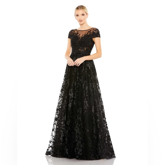 Mac Duggal Embellished Floral‎ Cap Sleeve A Line Gown Black 20405- NwT